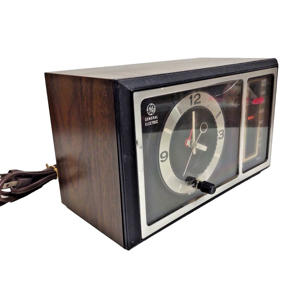 Vintage General Electric Clock Radio Model 7-4501 A - Walnut Grain Tested MCM